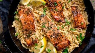 Delicate Pan Fried Salmon With Creamy Lemon Orzo