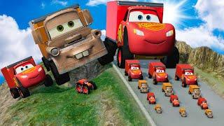 Big & Small LIGHTNING McQUEEN vs TOW MATER  vs Small Pixar Cars with Big Wheels in BeamNG Drive