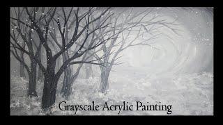 Forest Snowfall Acrylic Painting Grayscale Demonstration