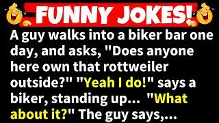 FUNNY JOKES - A guy walks into a biker bar and asks Does anyone here own that rottweiler...