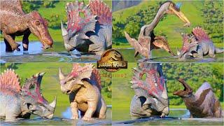 SPINOCERATOPS FISH SHARING ANIMATION WITH SPINOSAURUS AND OTHER DINOSAURS AND REPTILES