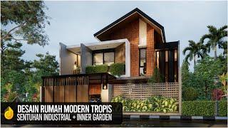 Desain rumah modern tropis 2 lantai dengan sentuhan industrial pada lahan 12x20m.