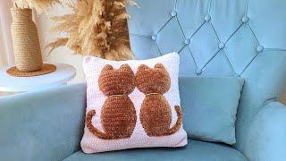 МК ПОДУШКА С КОТИКАМИ КРЮЧКОМ ️ HOW TO CROCHET PILLOW WITH SILHOETTE OF THE CATS 3D #3dcrochet