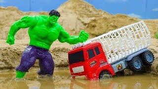 Spider Man rescues Dump Truck Excavator Construction Vehicles for Hulk  Funny Stories Car Toys