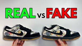 REAL VS FAKE NIKE X SUPREME SB DUNK LOW RAMMELLZEE SNEAKER COMPARISON