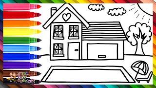 Draw and Color a House with a Pool  Drawings for Kids