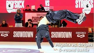 Bboy Physicx vs. Stripes. Five-round battle at Five Sports Showdown