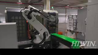Robôs Articulados HIWIN manipulando peças em Torno CNC e Centro de Usinagem