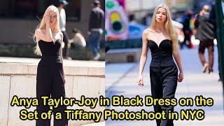 Anya Taylor-Joy in Black Dress on the Set of a Tiffany Photoshoot in NYC