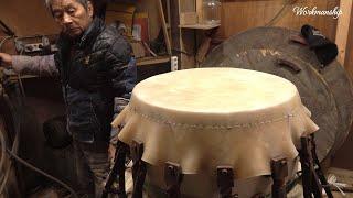 Process of Making Korean Traditional Dragon Drum. Drum Master His Son and Cats