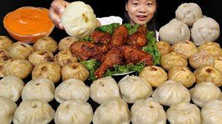 Eating Fried Chicekn MOMO Spicy Chicken Wings Steam BIG Juicy MOMO Nepali Mukbang Eating Show