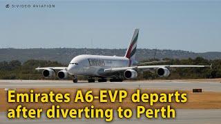 Emirates A6-EVP departs after diverting to Perth Airport on February 9 2023.