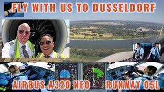 DUSSELDORF DUS Airbus 320 NEO  Scenic approach landing Rwy 05L  Cockpit + pilots + instruments