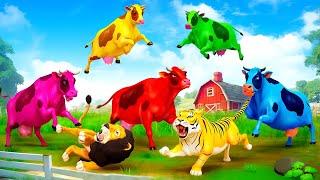 Color Cows Heroic Rescue of Farm Animals from Wild Animals Attacks  Epic Animals Rescue Adventure