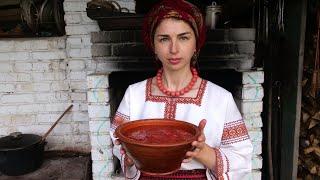 WOMAN IN THE VILLAGE COOKS REAL UKRAINIAN RED  BORSCH VILLAGE LIFE