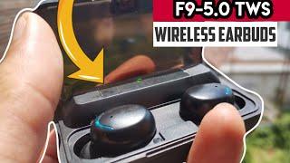 F9 5.0 TWS Bluetooth Earphones 5.0 Unboxing Black  New Generation Heavy Bass