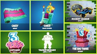 *NEW* Fortnite 3rd Birthday Rewards Birthday Cake Back BlingTake The Cake Emote & FREE RL Rewards