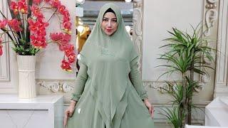 Gamis Warna Hijau Sage Syari Set Hijab Terbaru  0813-2626-5177