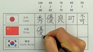 Differences in Chinese characters used in grade evaluation in Japan China and South Korea