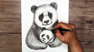 How to draw a panda and its baby step by step  Realistic animal drawing tutorial