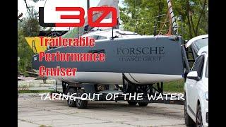 L 30 Performance Sailboat. Lifting keel and taking out of the water.