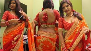 fashion show saree indian  Saree model Pinky getting ready in front of the mirror