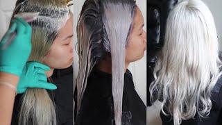 FULL TUTORIAL how to bleach black dark hair to ash blonde hair + color correction + color melt