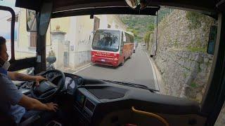 Bus drive in narrow mountain road 4K