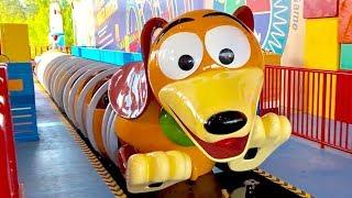 Slinky Dog Dash Roller Coaster - 3 RIDES - Front Middle & Back Row Toy Story Land Early Morning