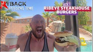 Ryback Feeds On New Jack In The Box Double Bacon Ribeye Burger with Fries Tacos and Vanilla Shake