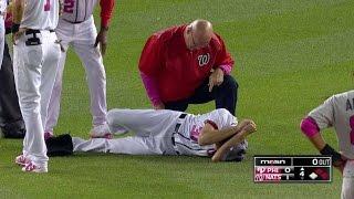 PHI@WSH Scherzer goes down after hit to the knee