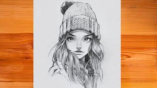 Girl drawing  How to draw a girl with hat  Pencil sketch tutorial