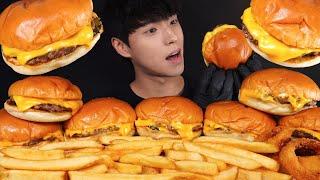 ASMR MUKBANG CHEESE BURGER & FRENCH FRIES &  ONION RINGS WITH CHEESE SAUCE EATING SOUNDS