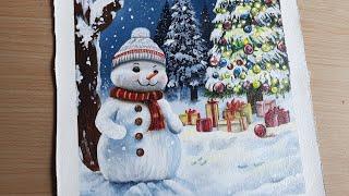 How to paint a Snowman on a Winter Night  Acrylic Painting for beginners