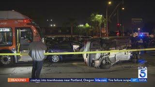 Metro bus slams into 3 cars trying to start street takeover in South Los Angeles 