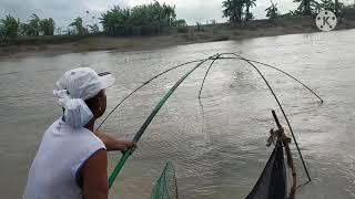 Cari ikan di sungai yang banjir dengan alat branjang