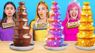 RICH vs BROKE vs GIGA RICH CHOCOLATE FOUNTAIN  100 Layers of FOOD in One Color by 123GO CHALLENGE