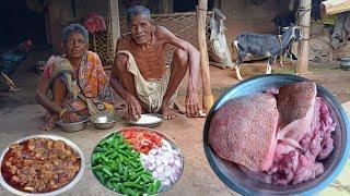 village old cauple cooking PORK CURRY and eating with water rice  village poor man how to cook pork