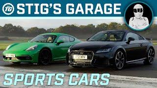 SPORTS CARS NA Porsche 718 Cayman GTS vs Turbo Audi TT RS  Stigs Garage ft. Becky Evans