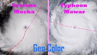 Geo Color Satellite Imagery of Cyclone Mocha and Typhoon Mawar 2023