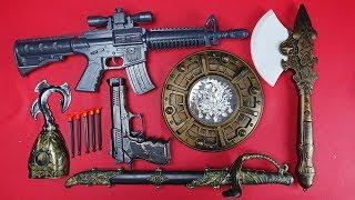 Toy Weapons - Sword Shield Axe Arrow Throwing Pistol Machine Gun and Pirate Hook