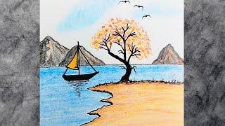 Mountains Boat and Sea  Landscape Drawing with Colored Pencils and Ink  Pencil Sketch Tutorial