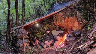 Bushcraft SURVIVAL CAMPING in the RAIN - Stone Shelter Build Outdoor Cooking Nature Adventure