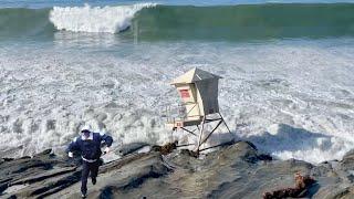 The Moment Waves Broke a Laguna Beach Lifeguard Tower  Largest Waves in 50years?