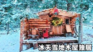 森林木屋独居，外面大雪纷飞，在木屋里围着火炉看雪景