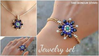 Şık takı seti yapımı.Elegant jewelry set . Easy to make Beaded jewelry. Necklace Bracelet and Ring.