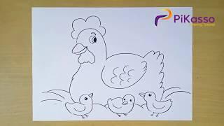 How to Draw Hen and Chick with Coloring step by step