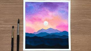 Glowy Sky & Mountains  Easy Watercolor Sunset Tutorial for Beginners Step By Step