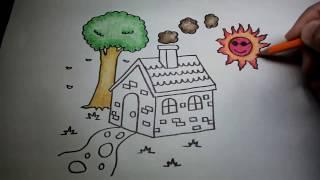 How To Draw Little House Home Sun Tree