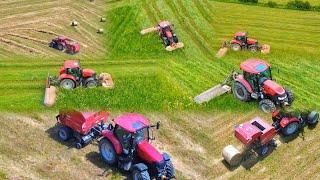 Kosenie tráv a lisovanie sena s traktormi Case IH Maxxum 115 a Farmall 85